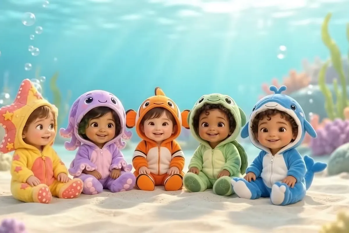 Five smiling babies in sea-creature onesies sitting together on the sand under the sea.