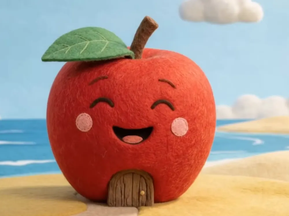 A smiling red apple with a little round door, from Tula's fruit adventure.