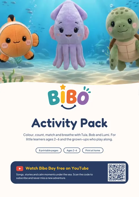 Cover of the Bibo Bay activity pack: Tula, Bob and Lumi under the sea